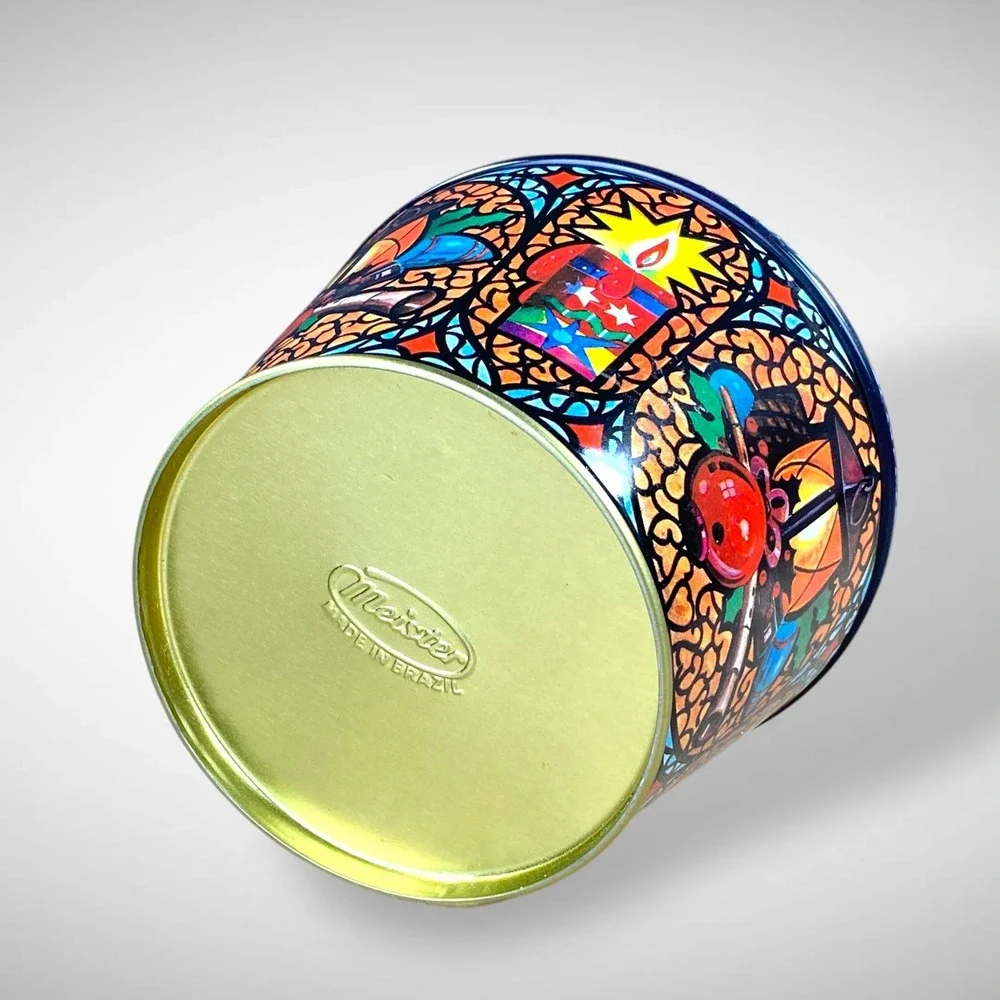 Meister Brazil‎ Tin – 1980s Holiday Stained Glass Collectible Canister Vintage